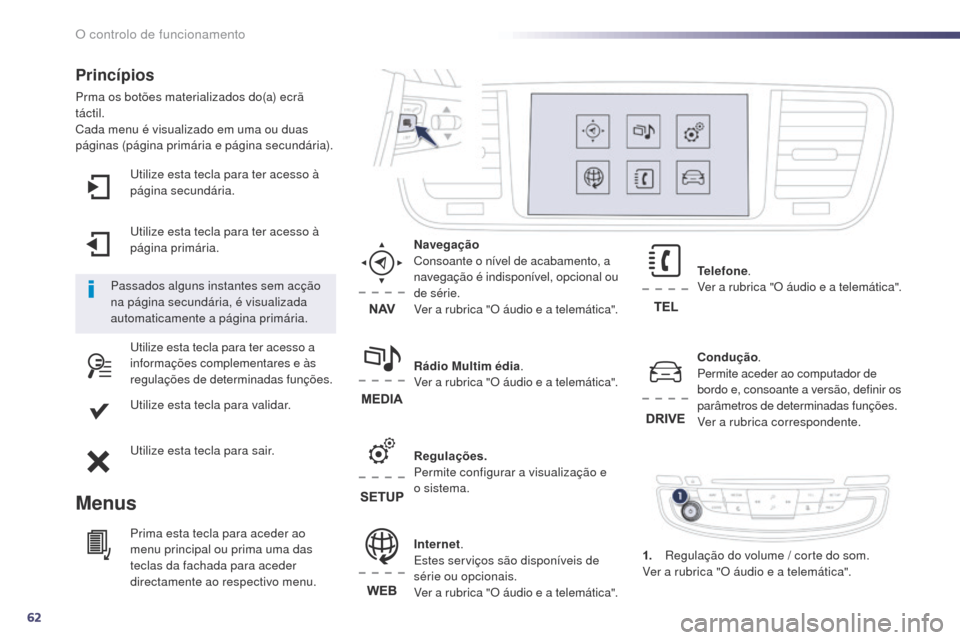 Peugeot 508 RXH 2014  Manual do proprietário (in Portuguese) 62
utilize esta tecla para ter acesso à 
página secundária.
ut
ilize esta tecla para ter acesso à 
página primária.
ut

ilize esta tecla para ter acesso a 
informações complementares e às 
re