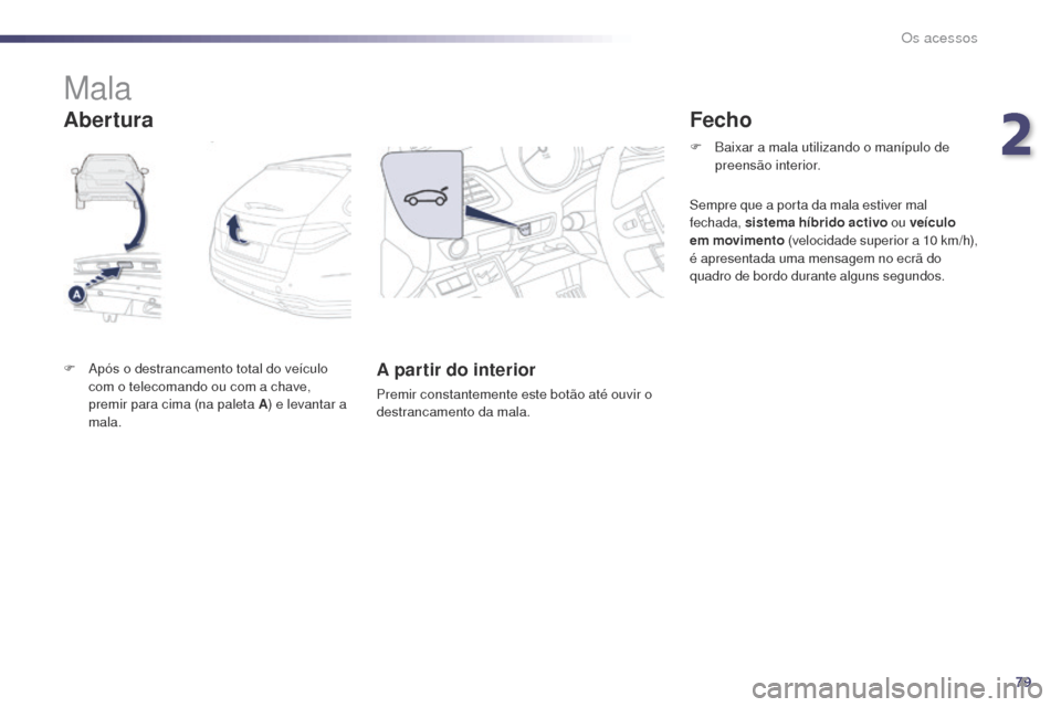 Peugeot 508 RXH 2014 Manual do proprietário (in Portuguese) 79
508rXH_pt_Chap02_ouvertures_ed01-2014
Mala
F após o destrancamento total do veículo
com o telecomando ou com a chave,
premir para cima (na paleta A ) e levantar a
mala.A partir do interior
Pr Peugeot 508 RXH 2014 Manual do proprietário (in Portuguese) 79
508rXH_pt_Chap02_ouvertures_ed01-2014
Mala
F após o destrancamento total do veículo
com o telecomando ou com a chave,
premir para cima (na paleta A ) e levantar a
mala.A partir do interior
Pr