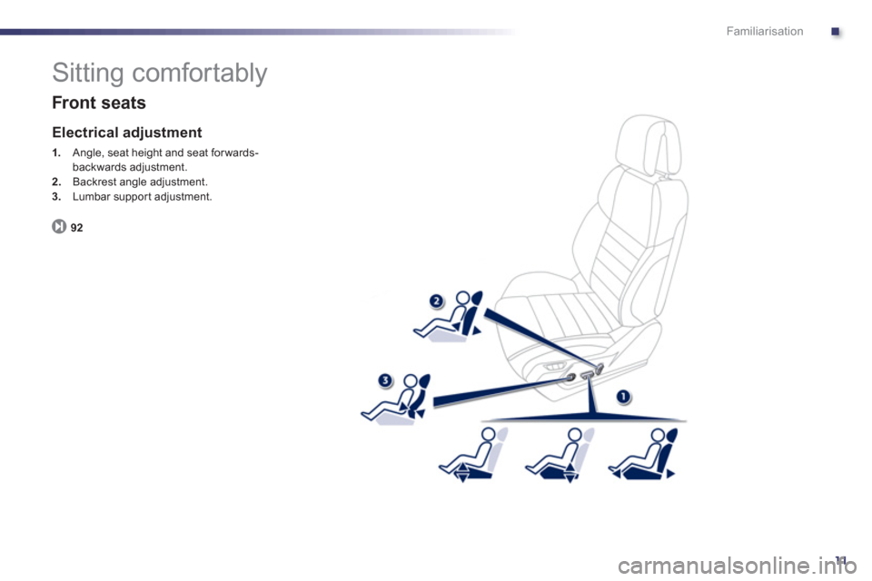 Peugeot 508 RXH 2013 User Guide .
11
Familiarisation
  Sitting comfortably 
 
 
Front seats 
 
 Electrical adjustment 
1. 
 Angle, seat height and seat forwards-backwards adjustment. 2.Backrest angle adjustment.3.Lumbar suppor t adj