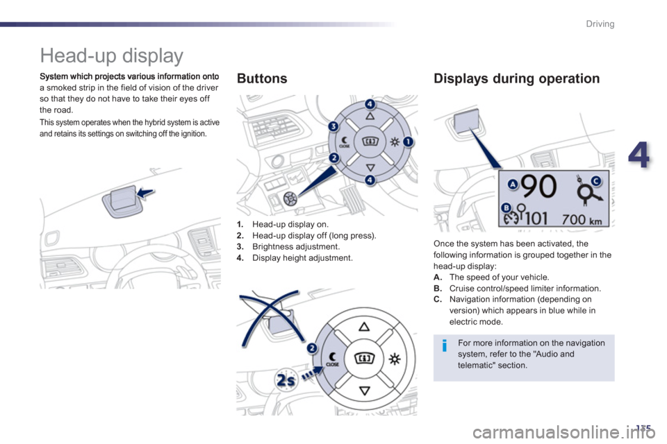 Peugeot 508 RXH 2013  Owners Manual 4
135
Driving
   
 
 
 
Head-up display 
a smoked strip in the field of vision of the driver so that they do not have to take their eyes off 
th
e road.
1
.Head-up display on. 
2.   Head-up display of