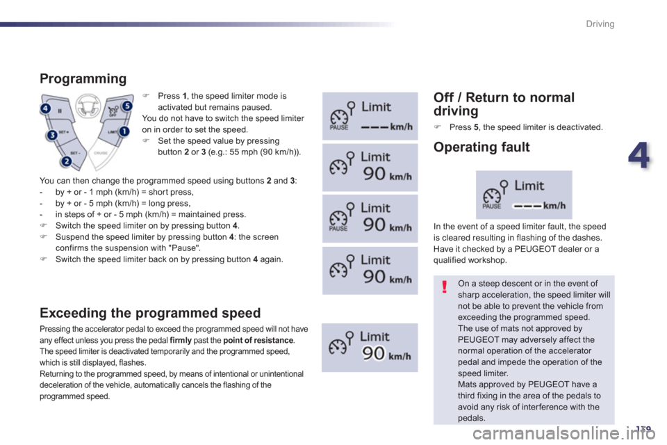 Peugeot 508 RXH 2013  Owners Manual 4
139
Driving
�)   Press  1, the speed limiter mode is
activated but remains paused.
  You do not have to switch the speed limiter 
on in order to set the speed. 
�)    Set the speed value by pressing