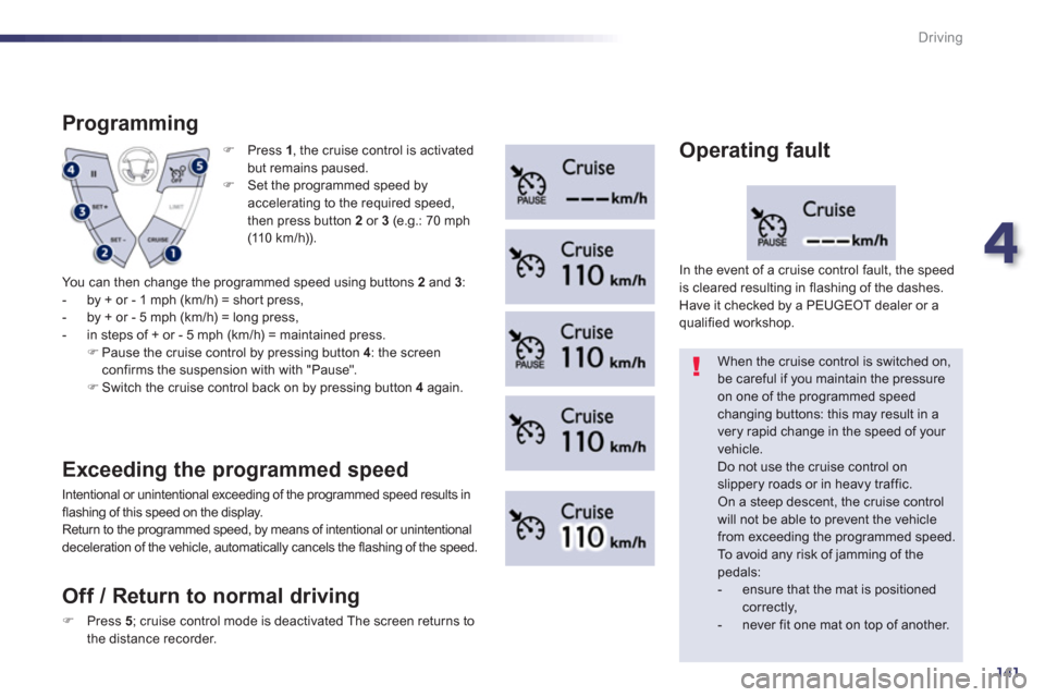 Peugeot 508 RXH 2013  Owners Manual 4
141
Driving
�)   Press  1, the cruise control is activated but remains paused.
�) 
 Set the programmed speed by 
accelerating to the required speed,
then press button 2or 3(e.g.: 70 mph (11 0  k m /