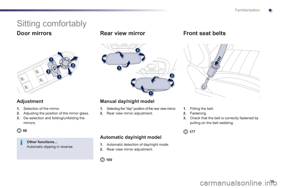Peugeot 508 RXH 2013 User Guide .
15
Familiarisation
  Sitting comfortably 
 
 
Door mirrors
 
 
Adjustment
1. 
 Selection of the mirror. 2.Adjusting the position of the mirror glass. 3.De-selection and folding/unfolding the mirrors