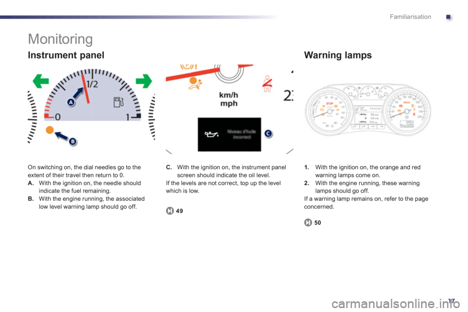 Peugeot 508 RXH 2013  Owners Manual .
17
Familiarisation
  Monitoring 
 On switching on, the dial needles go to the extent of their travel then return to 0.
A.With the ignition on, the needle should
indicate the fuel remaining.B.With th