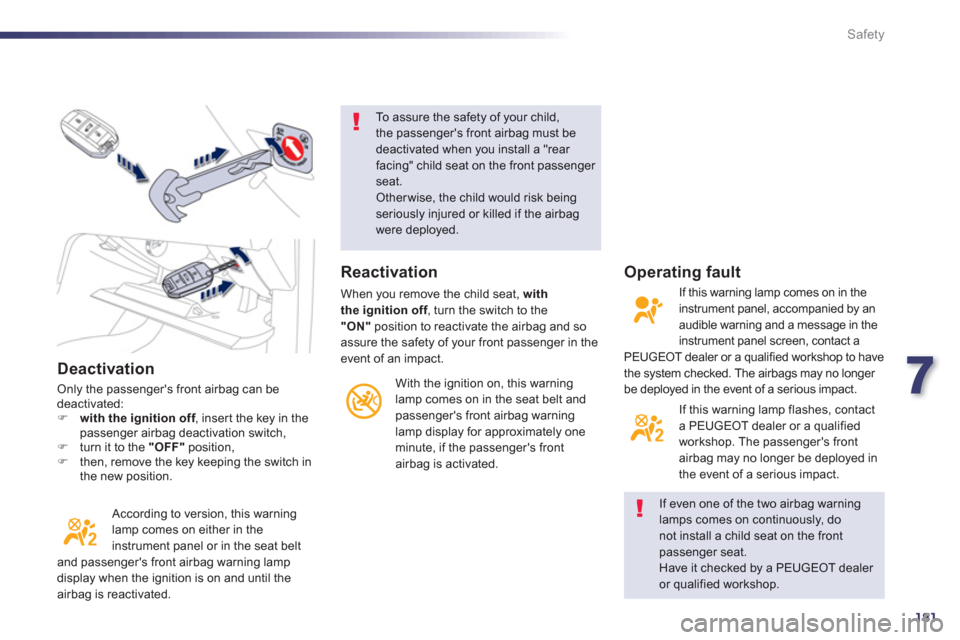 Peugeot 508 RXH 2013  Owners Manual 7
181
Safety
   
Deactivation
 Only the passengers front airbag can be deactivated:�)with the ignition off, inser t the key in thefpassenger airbag deactivation switch, �)turn it to the "OFF"position
