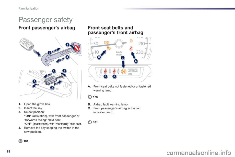 Peugeot 508 RXH 2013  Owners Manual 18
Familiarisation
  Passenger safety 
1. 
 Open the glove box.2. 
 Inser t the key.3.Select position:  
"ON" 
 (activation), with front passenger or "forwards facing" child seat,  "OFF"(deactivation)