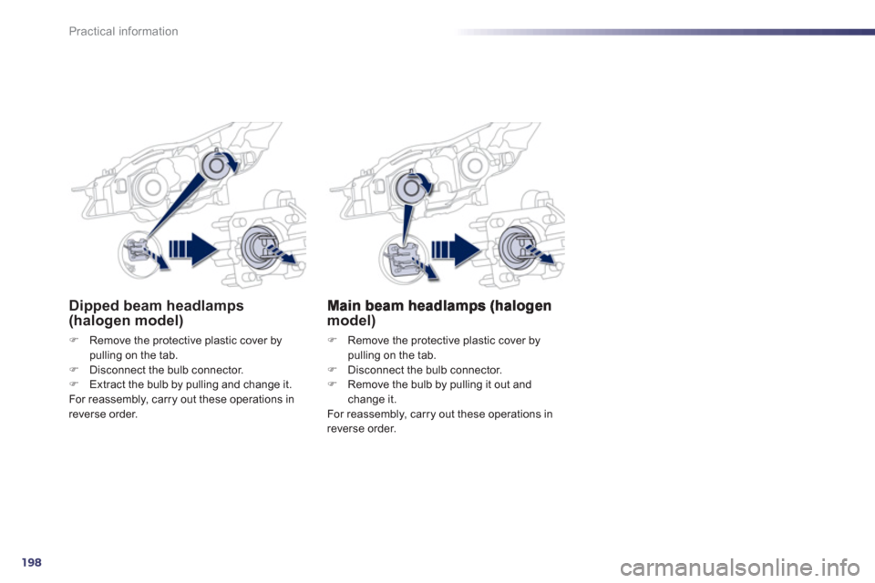 Peugeot 508 RXH 2013  Owners Manual 198
Practical information
model) 
�)   Remove the protective plastic cover by 
pulling on the tab.�)   Disconnect the bulb connector.�) 
  Remove the bulb by pulling it out andchange it.  
  For reass