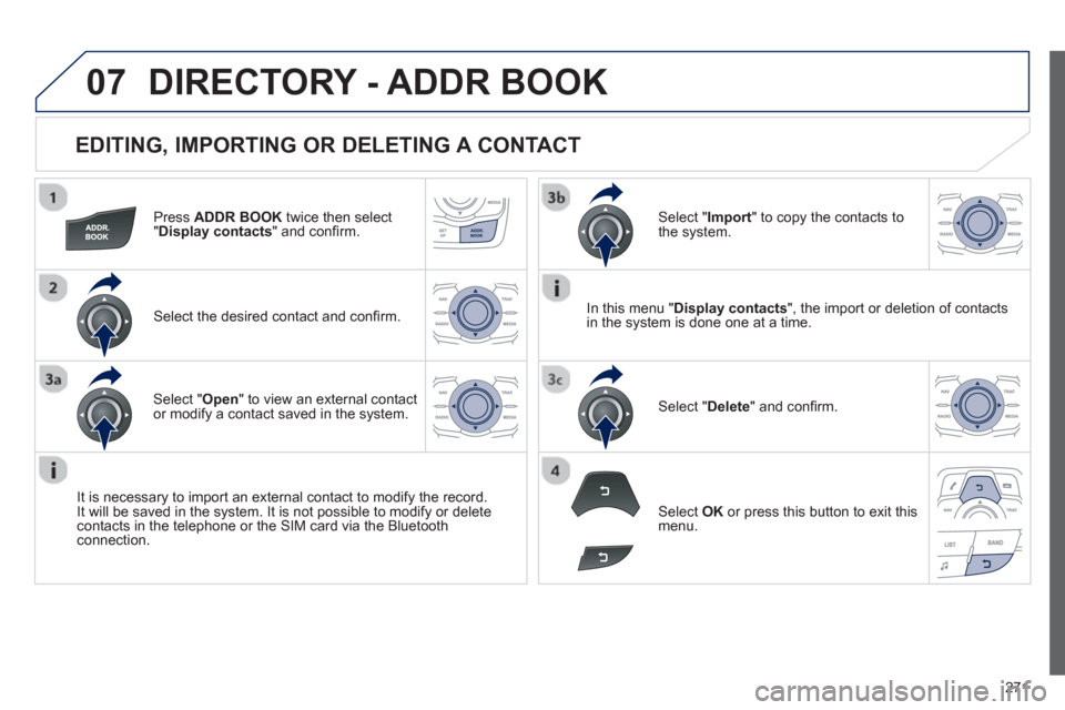Peugeot 508 RXH 2013  Owners Manual 271
07
   
EDITING, IMPORTING OR DELETING A CONTACT 
Press  ADDR BOOK 
 twice then select"Display contacts 
" and conﬁ rm.  
Select the desired contact and conﬁ rm.  
It is necessar
y to import an