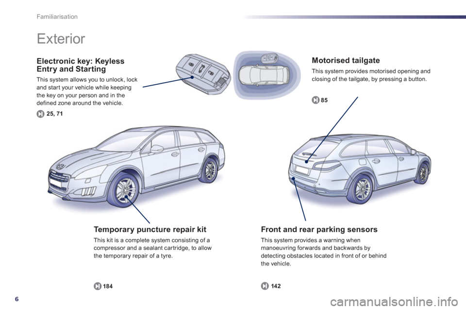 Peugeot 508 RXH 2013  Owners Manual 6
Familiarisation
   
Motorised tailgate
 This system provides motorised opening andclosing of the tailgate, by pressing a button.
8
5
Electronic key: KeylessEntry and Starting 
This system allows you