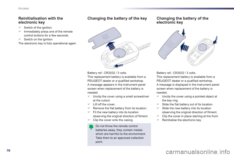 Peugeot 508 RXH 2013  Owners Manual 78
Access
   
 
 
 
 
 
 
 
 
 
 
 
Changing the battery of the key
 
Battery ref.: CR2032 / 3 volts.
  This replacement battery is available from aPEUGEOT dealer or a qualified workshop.
  A message 