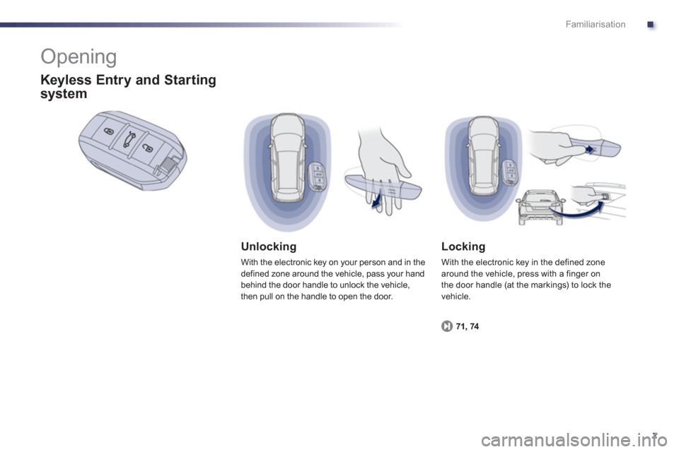 Peugeot 508 RXH 2013  Owners Manual .
7
Familiarisation
  Opening 
Unlocking
With the electronic key on your person and in the
defined zone around the vehicle, pass your hand
behind the door handle to unlock the vehicle, 
then pull on t