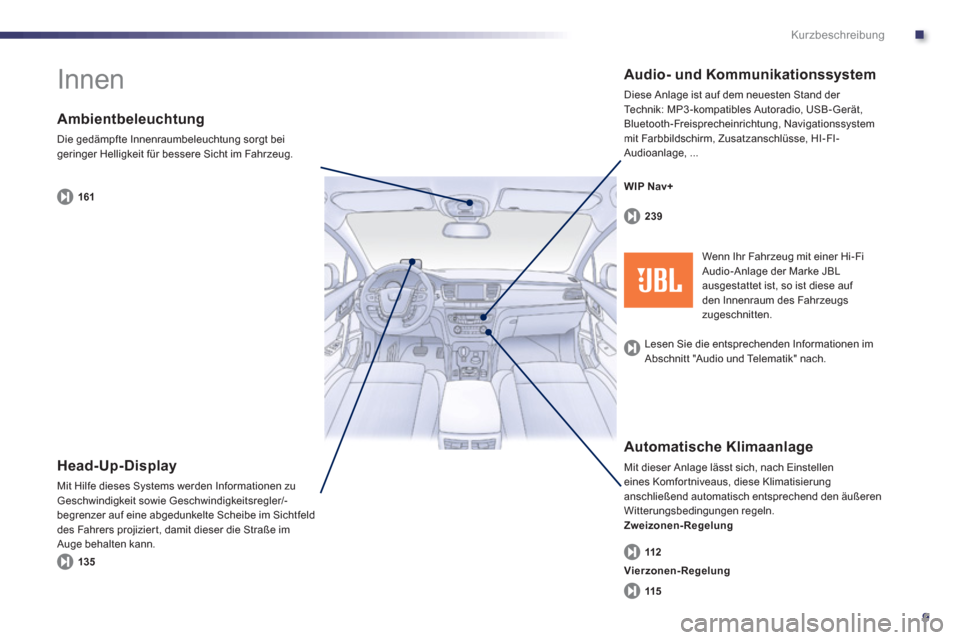 Peugeot 508 RXH 2013  Betriebsanleitung (in German) .
9
Kurzbeschreibung
  Innen  
 
 
Ambientbeleuchtung
 
Die gedämpfte Innenraumbeleuchtung sorgt bei geringer Helligkeit für bessere Sicht im Fahrzeug. 
 
 
Head-Up-Display
 
Mit Hilfe dieses System