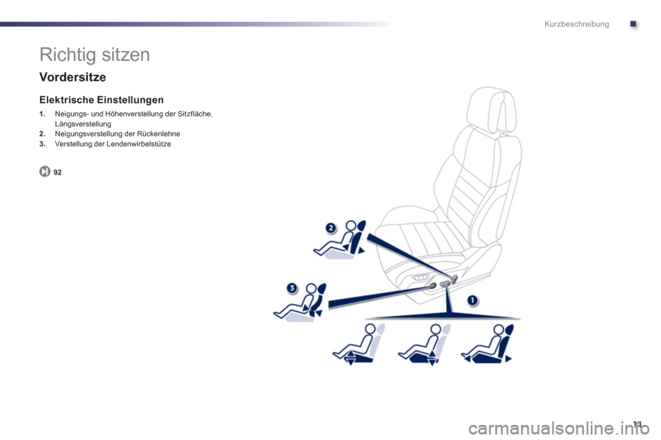 Peugeot 508 RXH 2013  Betriebsanleitung (in German) .
11
Kurzbeschreibung
  Richtig sitzen 
 
 Vordersitze
 
 
Elektrische Einstellungen
1. 
 Neigungs- und Höhenverstellung der Sitzfläche,Längsverstellung 2.Neigungsverstellung der Rückenlehne
3.   
