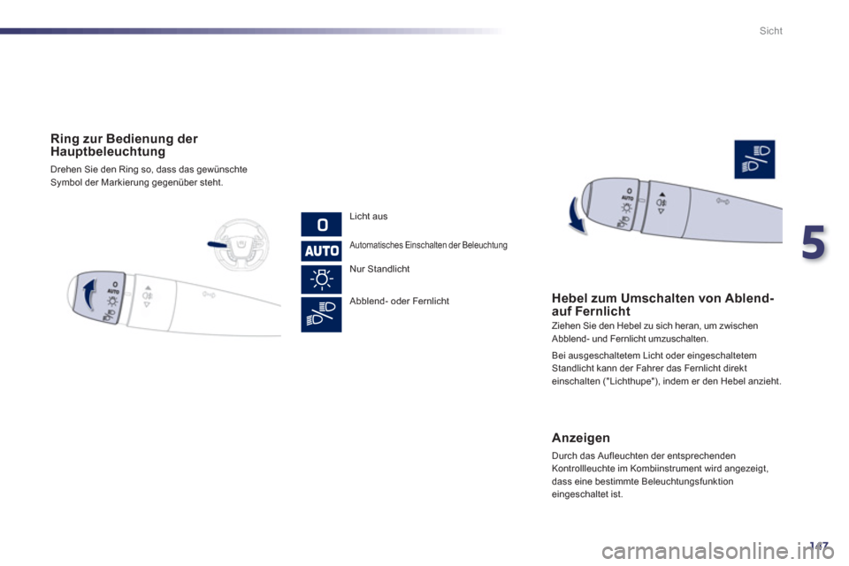 Peugeot 508 RXH 2013  Betriebsanleitung (in German) 5
147
Sicht
   
 Ring zur Bedienung der Hauptbeleuchtung
 
Drehen Sie den Ring so, dass das gewünschteSymbol der Markierung gegenüber steht.
   
Licht aus 
 
 
Automatisches Einschalten der Beleucht