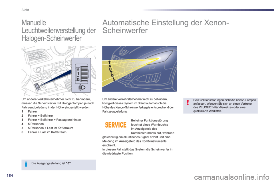 Peugeot 508 RXH 2013  Betriebsanleitung (in German) 154
Sicht
   
 
 
 
 
 
Manuelle 
Leuchtweitenverstellung der 
Halogen-Scheinwerfer    
 
 
 
 
 
 
 
Automatische Einstellung der Xenon-
Scheinwerfer 
Um andere Verkehrsteilnehmer nicht zu behindern,