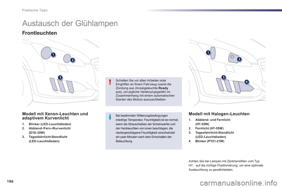 Peugeot 508 RXH 2013  Betriebsanleitung (in German) 196
Praktische Tipps
   
 
 
 
 
 
 
 
 
 
 
Austausch der Glühlampen 
Frontleuchten
Modell mit Xenon-Leuchten und adaptivem Kur venlicht 
1.Blinkerr(LED-Leuchtdioden)2.Abblend-/Fern-/Kurvenlicht(D1S