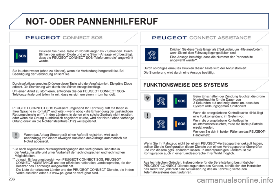 Peugeot 508 RXH 2013 Betriebsanleitung (in German) 236
NOT- ODER PANNENHILFERUF
Drücken Sie diese Taste im Notfall länger als 2 Sekunden. DurchBlinken der grünen Diode und eine Stimm-Ansage wird bestätigt,
dass die PEUGEOT CONNECT SOS-Telefonzent Peugeot 508 RXH 2013 Betriebsanleitung (in German) 236
NOT- ODER PANNENHILFERUF
Drücken Sie diese Taste im Notfall länger als 2 Sekunden. DurchBlinken der grünen Diode und eine Stimm-Ansage wird bestätigt,
dass die PEUGEOT CONNECT SOS-Telefonzent