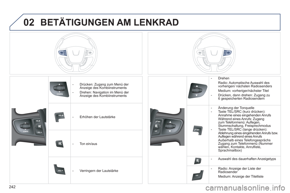 Peugeot 508 RXH 2013  Betriebsanleitung (in German) 242
02BETÄTIGUNGEN AM LENKRAD 
   
 
-  Drücken: Zugang zum Menü der Anzeige des Kombiinstruments 
   
-   Drehen: Navigation im Menü der Anzeige des Kombiinstruments  
   
 
-  Erh
öhen der Laut