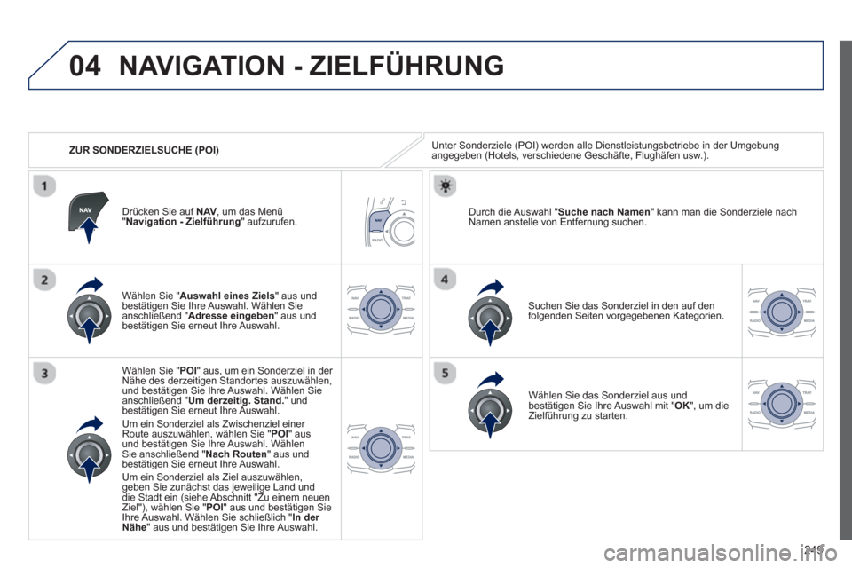 Peugeot 508 RXH 2013 Betriebsanleitung (in German) 249
04
ZUR SONDERZIELSUCHE (POI)
NAVIGATION - ZIELFÜHRUNG
Unter Sonderziele (POI) werden alle Dienstleistungsbetriebe in der Umgebungangegeben (Hotels, verschiedene Geschäfte, Flughäfen usw Peugeot 508 RXH 2013 Betriebsanleitung (in German) 249
04
ZUR SONDERZIELSUCHE (POI)
NAVIGATION - ZIELFÜHRUNG
Unter Sonderziele (POI) werden alle Dienstleistungsbetriebe in der Umgebungangegeben (Hotels, verschiedene Geschäfte, Flughäfen usw