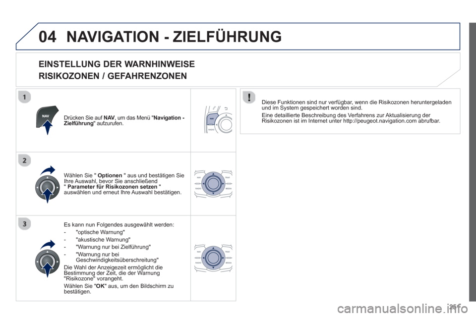 Peugeot 508 RXH 2013 Betriebsanleitung (in German) 251
04NAVIGATION - ZIELFÜHRUNG
EINSTELLUNG DER WARNHINWEISE
RISIKOZONEN / GEFAHRENZONEN
Drücken Sie auf NAV, um das Menü " Navigation -
Zielführung" aufzurufen.
Es kann nun Folgendes Peugeot 508 RXH 2013 Betriebsanleitung (in German) 251
04NAVIGATION - ZIELFÜHRUNG
EINSTELLUNG DER WARNHINWEISE
RISIKOZONEN / GEFAHRENZONEN
Drücken Sie auf NAV, um das Menü " Navigation -
Zielführung" aufzurufen.
Es kann nun Folgendes