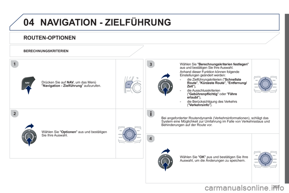 Peugeot 508 RXH 2013 Betriebsanleitung (in German) 253
04NAVIGATION - ZIELFÜHRUNG
ROUTEN-OPTIONEN
BERECHNUNGSKRITERIEN
W
ählen Sie "Optionen
" aus und bestätigen Sie Ihre Auswahl.
Wählen Sie "OK
" aus und bestätigen Sie I Peugeot 508 RXH 2013 Betriebsanleitung (in German) 253
04NAVIGATION - ZIELFÜHRUNG
ROUTEN-OPTIONEN
BERECHNUNGSKRITERIEN
W
ählen Sie "Optionen
" aus und bestätigen Sie Ihre Auswahl.
Wählen Sie "OK
" aus und bestätigen Sie I