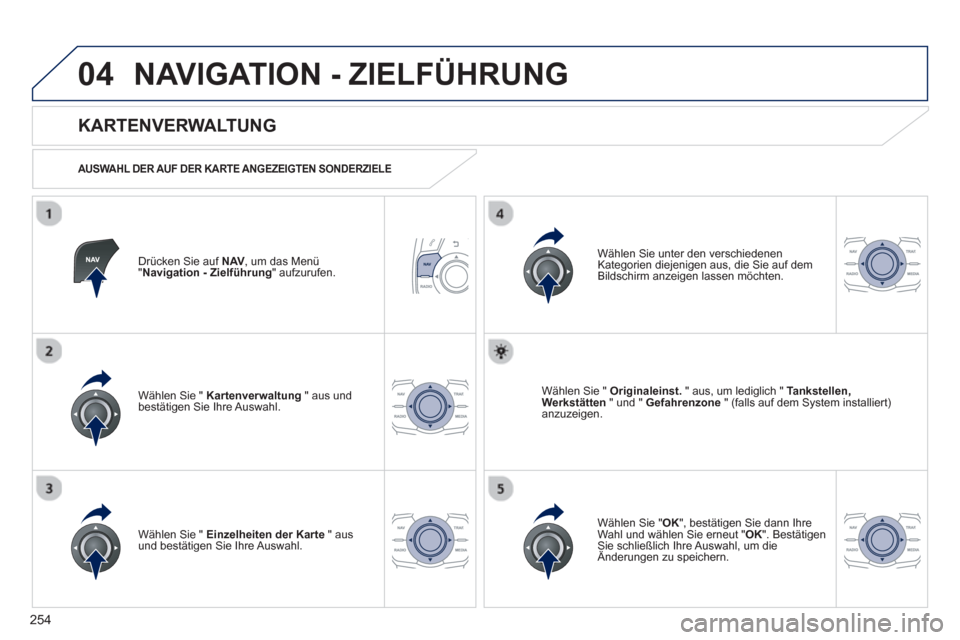 Peugeot 508 RXH 2013 Betriebsanleitung (in German) 254
04NAVIGATION - ZIELFÜHRUNG
Drücken Sie auf NAV,
um das Menü" Navigation - Zielführung" aufzurufen.
KARTENVERWALTUNG
AUSWAHL DER AUF DER KARTE ANGEZEIGTEN SONDERZIELE
Wählen Si Peugeot 508 RXH 2013 Betriebsanleitung (in German) 254
04NAVIGATION - ZIELFÜHRUNG
Drücken Sie auf NAV,
um das Menü" Navigation - Zielführung" aufzurufen.
KARTENVERWALTUNG
AUSWAHL DER AUF DER KARTE ANGEZEIGTEN SONDERZIELE
Wählen Si