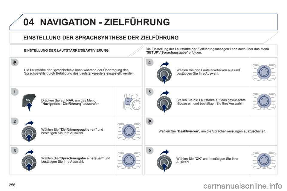 Peugeot 508 RXH 2013 Betriebsanleitung (in German) 256
04NAVIGATION - ZIELFÜHRUNG
Drücken Sie auf NAV, um das Menü"Navigation - Zielführung" aufzurufen.
EINSTELLUNG DER SPRACHSYNTHESE DER ZIELFÜHRUNG
Wählen Sie "Zielführungso Peugeot 508 RXH 2013 Betriebsanleitung (in German) 256
04NAVIGATION - ZIELFÜHRUNG
Drücken Sie auf NAV, um das Menü"Navigation - Zielführung" aufzurufen.
EINSTELLUNG DER SPRACHSYNTHESE DER ZIELFÜHRUNG
Wählen Sie "Zielführungso
