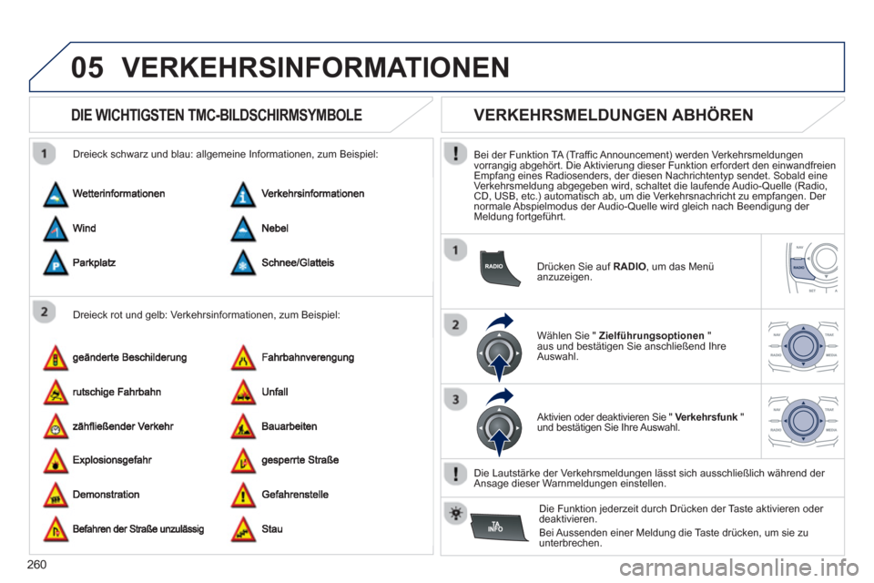 Peugeot 508 RXH 2013 Betriebsanleitung (in German) 260
05VERKEHRSINFORMATIONEN
DIE WICHTIGSTEN TMC-BILDSCHIRMSYMBOLE
Dreieck rot und gelb: Verkehrsinformationen, zum Beispiel:
Dreieck schwarz und blau: all
gemeine Informatione Peugeot 508 RXH 2013 Betriebsanleitung (in German) 260
05VERKEHRSINFORMATIONEN
DIE WICHTIGSTEN TMC-BILDSCHIRMSYMBOLE
Dreieck rot und gelb: Verkehrsinformationen, zum Beispiel:
Dreieck schwarz und blau: all
gemeine Informatione