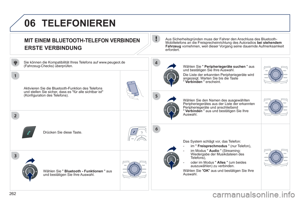 Peugeot 508 RXH 2013  Betriebsanleitung (in German) 262
06
   
 
 
 
 
 
 
 
 
 
 
 
 
 
 
MIT EINEM BLUETOOTH-TELEFON VERBINDEN  
ERSTE VERBINDUNG 
 
 
Aus Sicherheitsgründen muss der Fahrer den Anschluss des Bluetooth-Mobiltelefons an die Freisprech