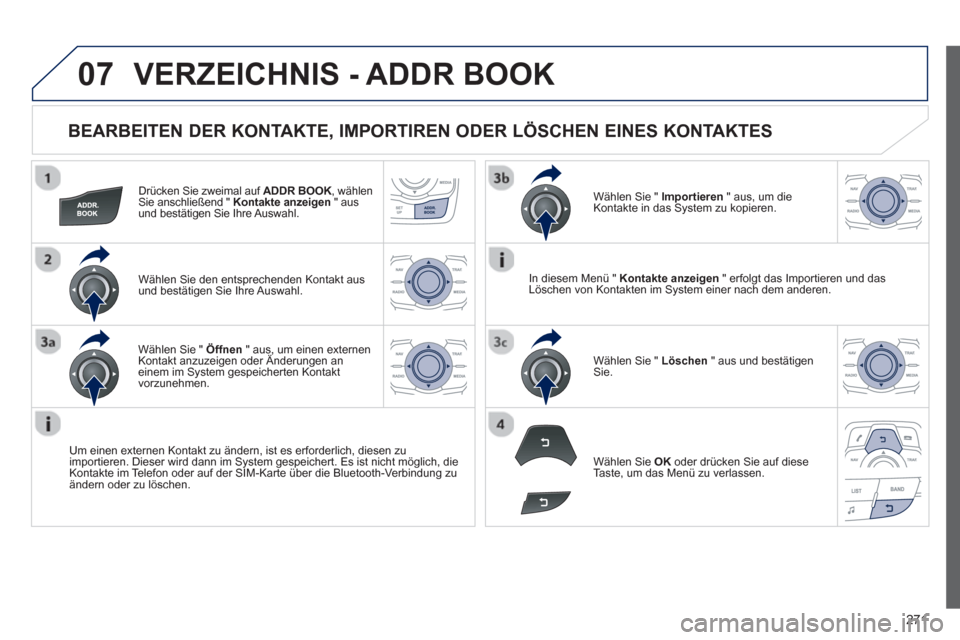 Peugeot 508 RXH 2013  Betriebsanleitung (in German) 271
07
   
BEARBEITEN DER KONTAKTE, IMPORTIREN ODER LÖSCHEN EINES KONTAKTES 
Drücken Sie zweimal auf  ADDR BOOK 
, wählen KSie anschließend "  Kontakte anzeigen 
 " ausund bestätigen Sie Ihre Aus