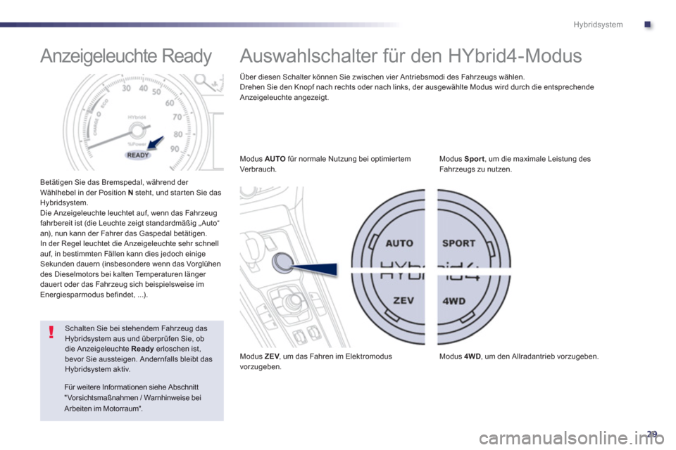 Peugeot 508 RXH 2013  Betriebsanleitung (in German) .
29
Hybridsystem
   
 
 
 
 
 
 
 
 
 
 
 
 
 
Anzeigeleuchte Ready 
 
 
Betätigen Sie das Bremspedal, während der Wählhebel in der Position  N 
 steht, und star ten Sie das Hybridsystem. 
  Die A