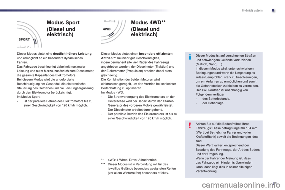 Peugeot 508 RXH 2013  Betriebsanleitung (in German) .
31
Hybridsystem
   
Modus Sport  
(Diesel und 
elektrisch)
 
 
Dieser Modus bietet eine deutlich höhere Leistungund ermöglicht so ein besonders dynamisches 
Fahren.
  Das Fahrzeug beschleunigt dab