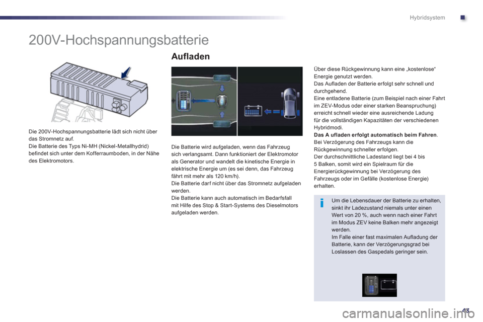Peugeot 508 RXH 2013  Betriebsanleitung (in German) .
43
Hybridsystem
   
 
 
 
 
 
 
 
200V-Hochspannungsbatterie 
 
 
Die 200V-Hochspannungsbatterie lädt sich nicht über 
das Stromnetz auf.
  Die Batterie des Typs Ni-MH (Nickel-Metallhydrid) 
befin