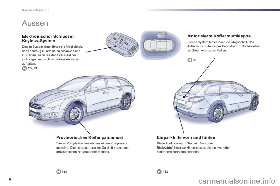 Peugeot 508 RXH 2013 Betriebsanleitung (in German) 6
Kurzbeschreibung
Motorisierte Kofferraumklappe
Dieses System bietet Ihnen die Möglichkeit, denKofferraum mühelos per Knopfdruck motorbetrieben
zu öffnen oder zu schließen.
85
Elektronisc Peugeot 508 RXH 2013 Betriebsanleitung (in German) 6
Kurzbeschreibung
Motorisierte Kofferraumklappe
Dieses System bietet Ihnen die Möglichkeit, denKofferraum mühelos per Knopfdruck motorbetrieben
zu öffnen oder zu schließen.
85
Elektronisc