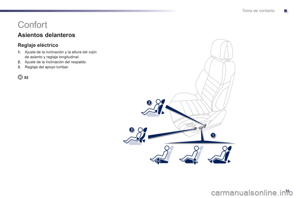 Peugeot 508 RXH 2013  Manual del propietario (in Spanish) .
11
To m a  d e  c o n t a c t o
  Confort 
 
 
Asientos delanteros 
 
 
Reglaje eléctrico 
1. 
 Ajuste de la inclinación y la altura del cojín de asiento y reglaje longitudinal.2.Ajuste de la inc