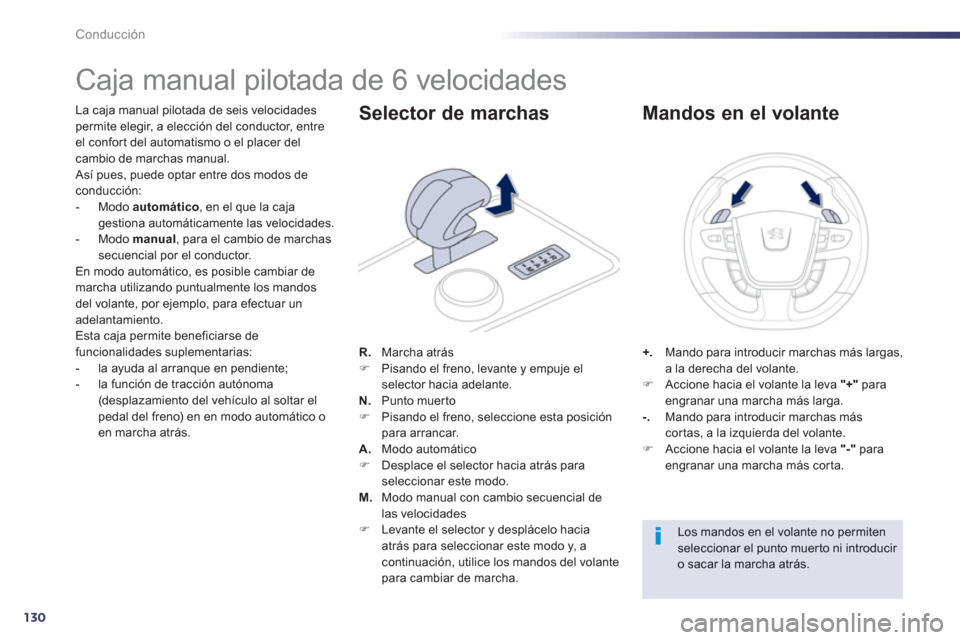 Peugeot 508 RXH 2013  Manual del propietario (in Spanish) 130
Conducción
   
 
 
 
 
 
 
 
 
 
 
 
 
 
Caja manual pilotada de 6 velocidades 
La caja manual pilotada de seis velocidades permite elegir, a elección del conductor, entreel confor t del automat
