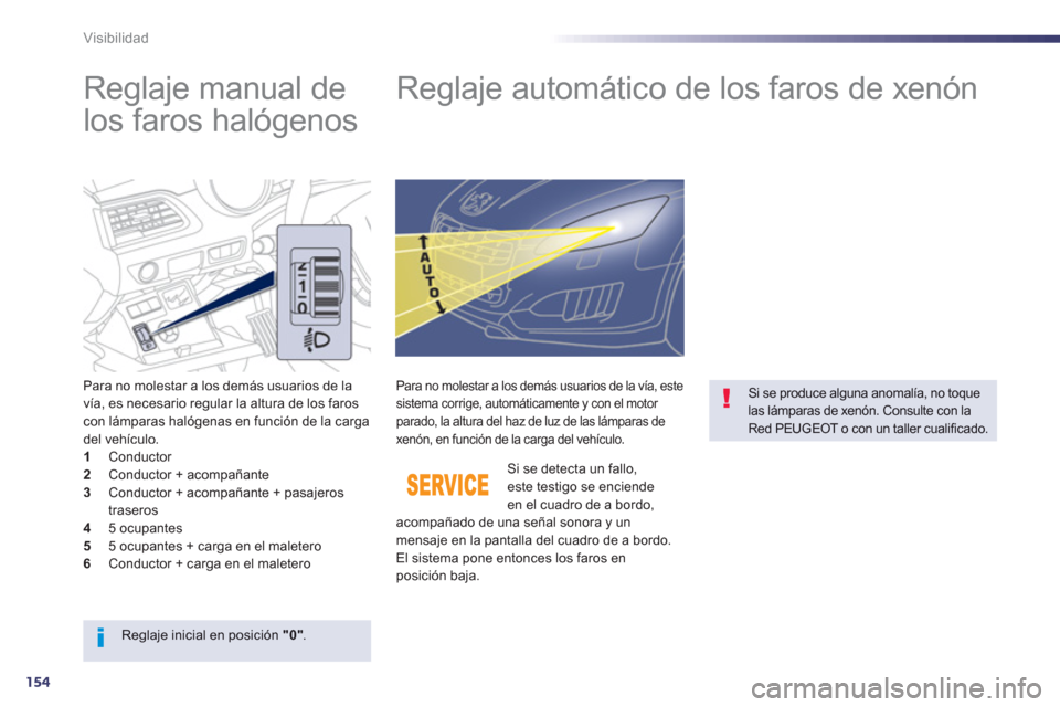 Peugeot 508 RXH 2013  Manual del propietario (in Spanish) 154
Visibilidad
   
 
 
 
 
 
Reglaje manual de 
los faros halógenos    
 
 
 
 
 
 
 
Reglaje automático de los faros de xenón 
Para no molestar a los demás usuarios de la 
vía, es necesario reg