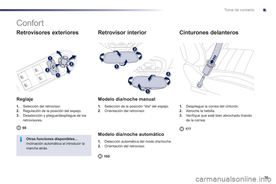 Peugeot 508 RXH 2013  Manual del propietario (in Spanish) .
15
To m a  d e  c o n t a c t o
  Confort 
 
 
Retrovisores exteriores
 
 
Reglaje 
1. 
 Selección del retrovisor.2.Regulación de la posición del espejo.3.Deselección y pliegue/despliegue de los
