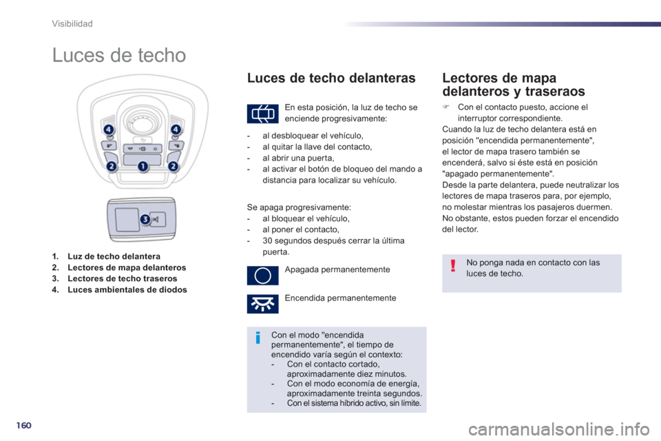 Peugeot 508 RXH 2013 Manual del propietario (in Spanish) 160
Visibilidad
1.Luz de techo delantera2.Lectores de mapa delanteros3.Lectores de techo traseros4.Luces ambientales de diodos
Luces de techo
En esta posición, la luz de tech Peugeot 508 RXH 2013 Manual del propietario (in Spanish) 160
Visibilidad
1.Luz de techo delantera2.Lectores de mapa delanteros3.Lectores de techo traseros4.Luces ambientales de diodos
Luces de techo
En esta posición, la luz de tech