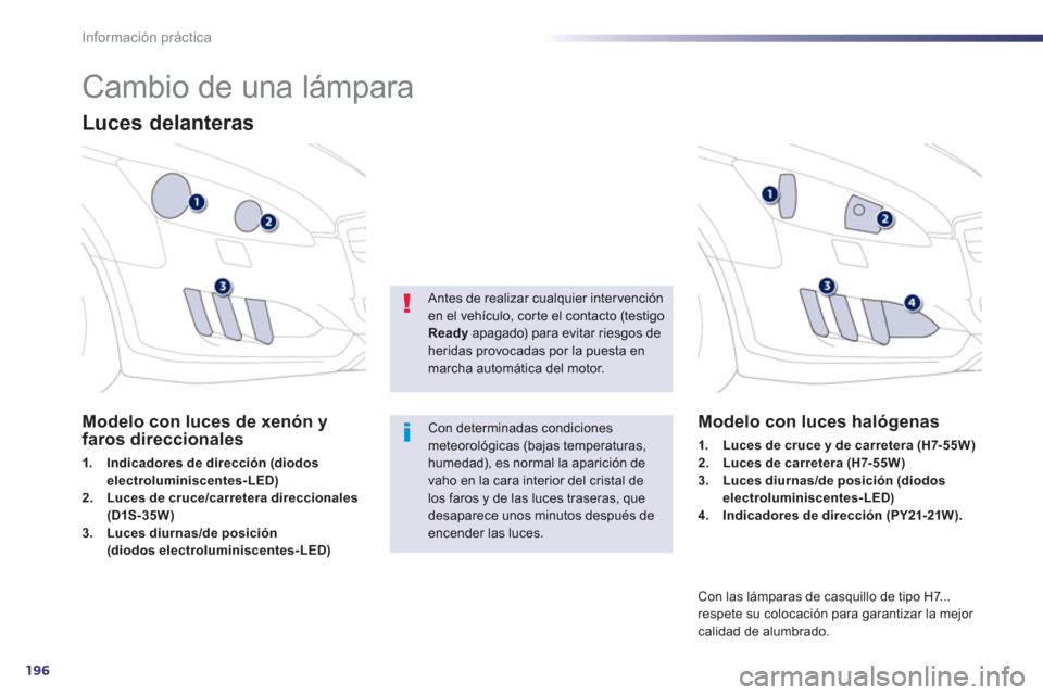 Peugeot 508 RXH 2013  Manual del propietario (in Spanish) 196
Información práctica
   
 
 
 
 
 
 
 
 
 
 
Cambio de una lámpara 
Luces delanteras 
Modelo con luces de xenón y faros direccionales
1.Indicadores de dirección (diodos
electroluminiscentes-L