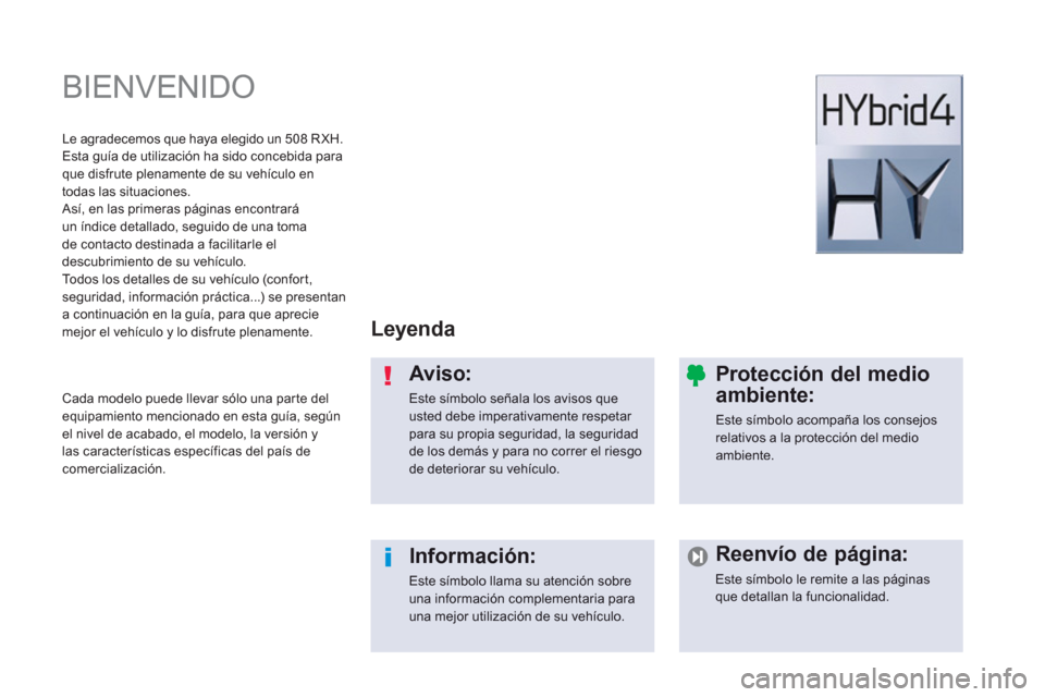 Peugeot 508 RXH 2013 Manual del propietario (in Spanish) BIENVENIDO
Leyenda
Aviso:
Este símbolo señala los avisos que usted debe imperativamente respetar para su propia seguridad, la seguridad de los demás y para no correr el riesgode deteriorar su Peugeot 508 RXH 2013 Manual del propietario (in Spanish) BIENVENIDO
Leyenda
Aviso:
Este símbolo señala los avisos que usted debe imperativamente respetar para su propia seguridad, la seguridad de los demás y para no correr el riesgode deteriorar su