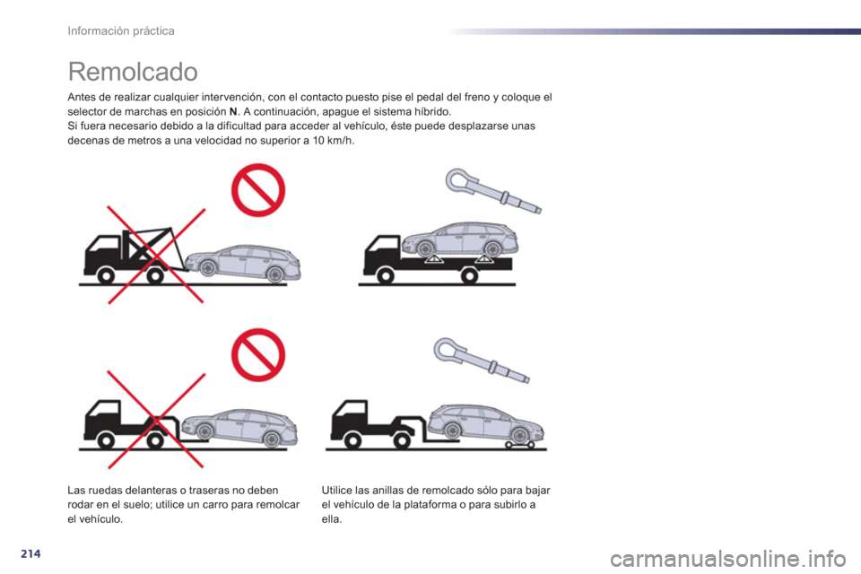 Peugeot 508 RXH 2013  Manual del propietario (in Spanish) 214
Información práctica
   
 
 
 
 
 
 
 
Remolcado  
 
 Antes de realizar cualquier intervención, con el contacto puesto pise el pedal del freno y coloque elselector de marchas en posición N. A 