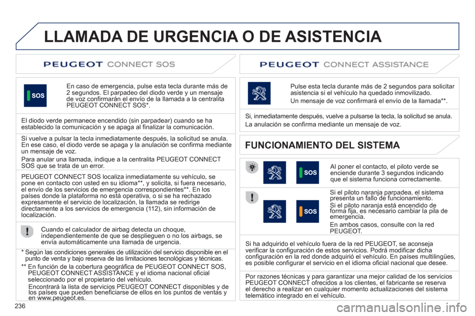 Peugeot 508 RXH 2013 Manual del propietario (in Spanish) 236
LLAMADA DE URGENCIA O DE ASISTENCIA
En caso de emergencia, pulse esta tecla durante más de2 segundos. El parpadeo del diodo verde y un mensajede voz confirmarán el envío de la llamada a la c Peugeot 508 RXH 2013 Manual del propietario (in Spanish) 236
LLAMADA DE URGENCIA O DE ASISTENCIA
En caso de emergencia, pulse esta tecla durante más de2 segundos. El parpadeo del diodo verde y un mensajede voz confirmarán el envío de la llamada a la c