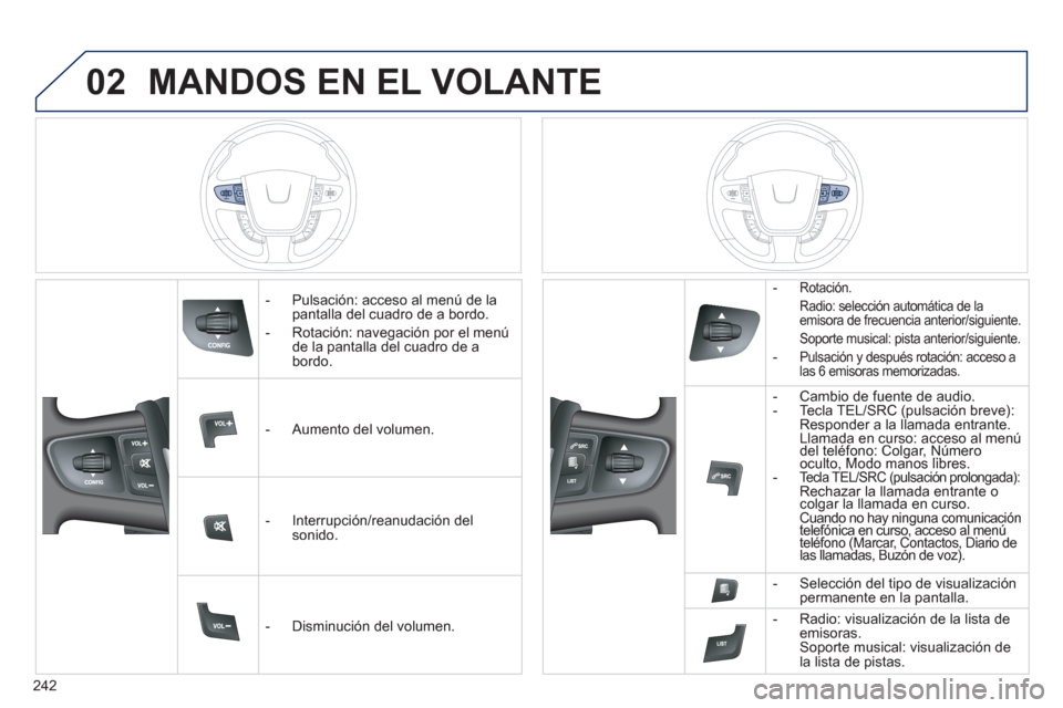 Peugeot 508 RXH 2013 Manual del propietario (in Spanish) 242
02MANDOS EN EL VOLANTE
- Pulsación: acceso al menú de lapantalla del cuadro de a bordo.
- Rotación: nave
gación por el menú
de la pantalla del cuadro de a
bordo.
- A
umen Peugeot 508 RXH 2013 Manual del propietario (in Spanish) 242
02MANDOS EN EL VOLANTE
- Pulsación: acceso al menú de lapantalla del cuadro de a bordo.
- Rotación: nave
gación por el menú
de la pantalla del cuadro de a
bordo.
- A
umen