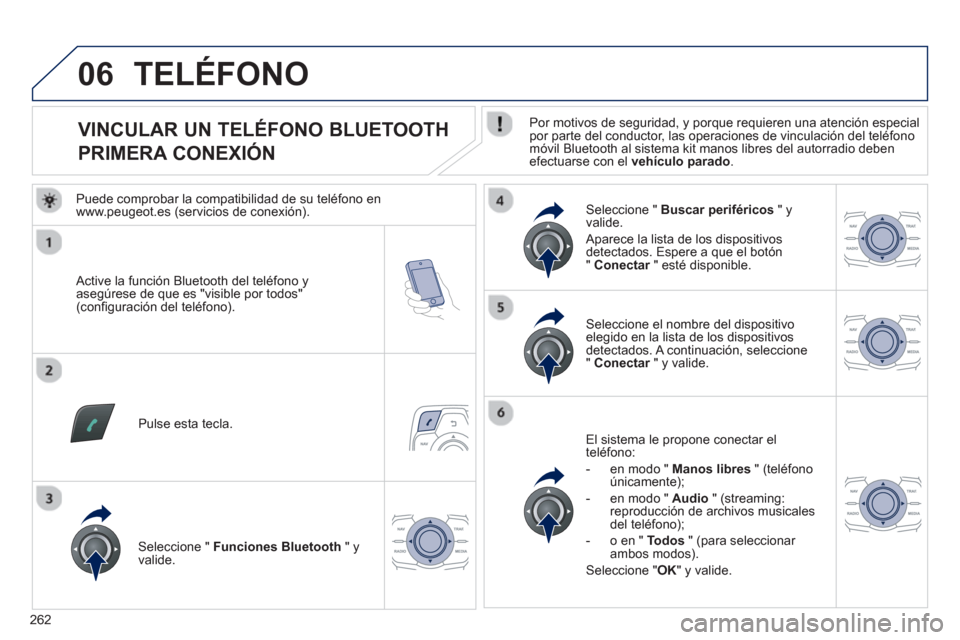 Peugeot 508 RXH 2013  Manual del propietario (in Spanish) 262
06
   
 
 
 
 
 
 
 
 
 
 
 
 
 
 
VINCULAR UN TELÉFONO BLUETOOTH  
PRIMERA CONEXIÓN    
Por motivos de seguridad, y porque requieren una atención especial 
por parte del conductor, las operaci