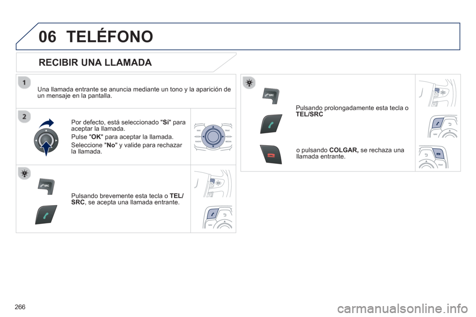 Peugeot 508 RXH 2013  Manual del propietario (in Spanish) 266
06TELÉFONO
   
RECIBIR UNA LLAMADA 
 
 
Una llamada entrante se anuncia mediante un tono y la aparición de un mensaje en la pantalla.  
Por de
fecto, está seleccionado "Sí  " para 
aceptar la 