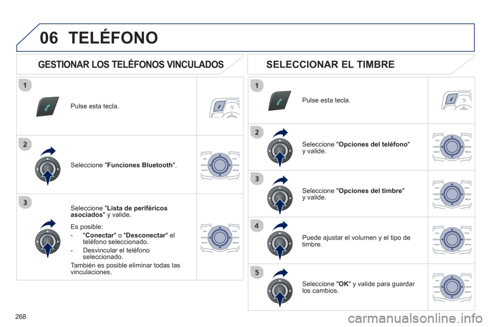 Peugeot 508 RXH 2013  Manual del propietario (in Spanish) 268
06
Pulse esta tecla.  
Seleccione " Lista de periféricos asociados 
" y valide.  
Es posible: 
-  " 
Conectar" o "rDesconectar" el rteléfono seleccionado.
-  D
esvincular el teléfonoseleccionad