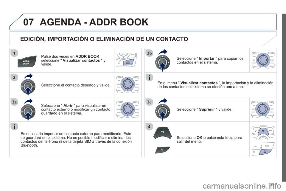 Peugeot 508 RXH 2013 Manual del propietario (in Spanish) 271
07
EDICIÓN, IMPORTACIÓN O ELIMINACIÓN DE UN CONTACTO
Pulse dos veces en ADDR BOOKseleccione " Visualizar contactos" yvalide.
Seleccione el contacto deseado
y valide.
Es necesario importa Peugeot 508 RXH 2013 Manual del propietario (in Spanish) 271
07
EDICIÓN, IMPORTACIÓN O ELIMINACIÓN DE UN CONTACTO
Pulse dos veces en ADDR BOOKseleccione " Visualizar contactos" yvalide.
Seleccione el contacto deseado
y valide.
Es necesario importa