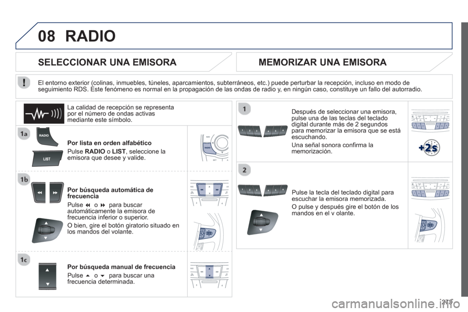 Peugeot 508 RXH 2013  Manual del propietario (in Spanish) 273
08RADIO 
Por lista en orden alfabético 
P
ulse RADIO 
 o  LIST 
, seleccione laemisora que desee y valide.  
Por bús
queda automática de
frecuencia
Pulse �o  �  
para buscar automáticamente 