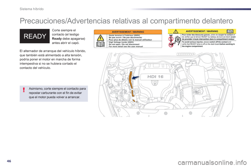 Peugeot 508 RXH 2013 Manual del propietario (in Spanish) 46
Sistema híbrido
Precauciones/Advertencias relativas al compartimento delantero
Corte siempre el contacto (el testigo Readydebe apagarse) antes abrir el capó.
Asimismo, corte sie Peugeot 508 RXH 2013 Manual del propietario (in Spanish) 46
Sistema híbrido
Precauciones/Advertencias relativas al compartimento delantero
Corte siempre el contacto (el testigo Readydebe apagarse) antes abrir el capó.
Asimismo, corte sie